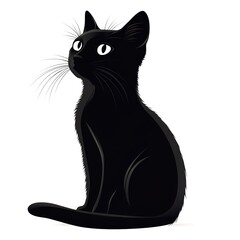 Silhouette of a black cat with white eyes sitting on a white background 
