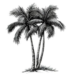 A black and white drawing of a palm tree with three trunks. Vector illustration