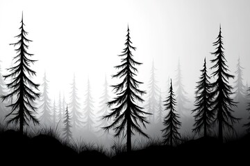 Obraz premium Stylized illustration of majestic forest silhouettes in a tranquil natural environment with evergreen pine trees and coniferous woodland, set against a serene black and white background 