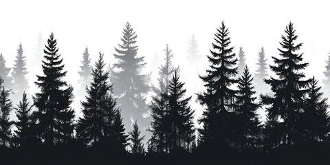 Fototapeta premium Stylized vector illustration of majestic forest silhouettes in a tranquil natural environment with evergreen pine trees and coniferous woodland, set against a serene black and white background 