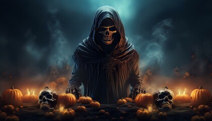 grim reaper with pumpkins and skulls fall halloween concept dark background