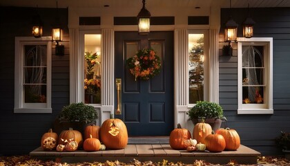 Obraz premium halloween concept, front porch halloween decor after dark and horror feel and mysteriously