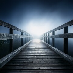 Obraz premium Horror ghost scary wooden bridge with fog and light moonlight effect, halloween mystery dark