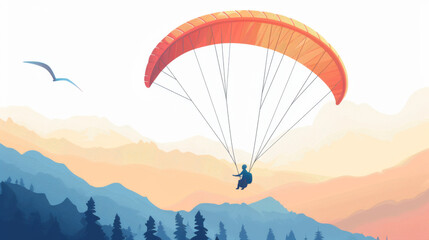 Obraz premium Colorful paraglider flying over a scenic mountain landscape with a bird soaring nearby in the serene sky.