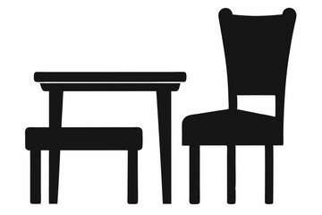 Chair and table silhouette, black table and chair icon vector