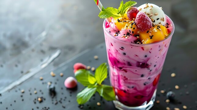 Extremely vibrant falooda with a lovely pairing of creamy silk noodles and frozen treats