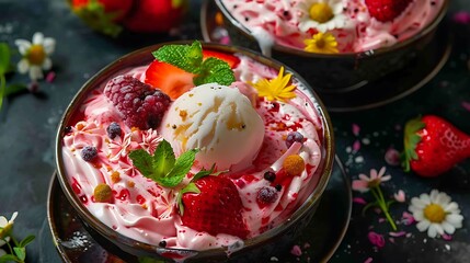 Extremely vibrant falooda with a lovely pairing of creamy silk noodles and frozen treats
