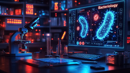 Detailed laboratory scene showcasing bacteriology research with a microscope and computer, ideal for science-themed events or educational purposes.