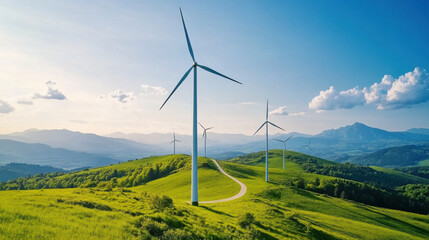 Wind turbines stand tall on green hills under a clear blue sky, representing renewable energy and sustainability.