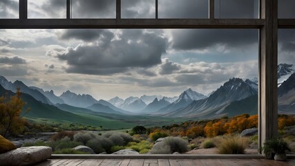 This image shows a modern, minimalist interior with a panoramic view of a stunning mountain range.