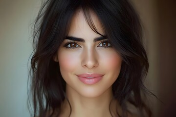 Naklejka premium Beautiful Woman Portrait With Long Dark Hair Smiling Close Up