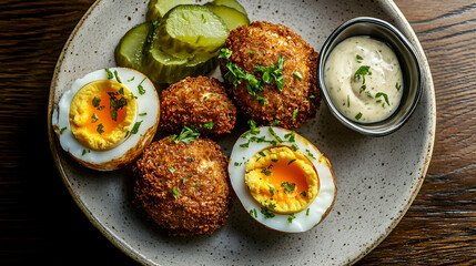 platter of Scotch eggs, served with a side of pickles and dipping sauces