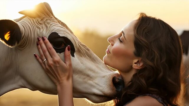 Smiling female farmer embraces a dairy cow with a kiss, 