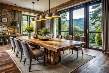 Fototapeta premium Rustic dining room interior featuring a large live edge dining table with rough, natural edges and metal legs
