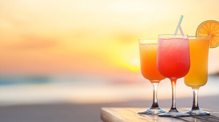Vibrant cocktails at sunset on the beach - Refreshing drinks with citrus in the golden hour