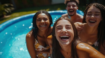 Fototapeta premium Cast of friends laughing after a playful shove into a pool, highlighting their carefree joy, close-up, dynamic, composite, backyard setting backdrop