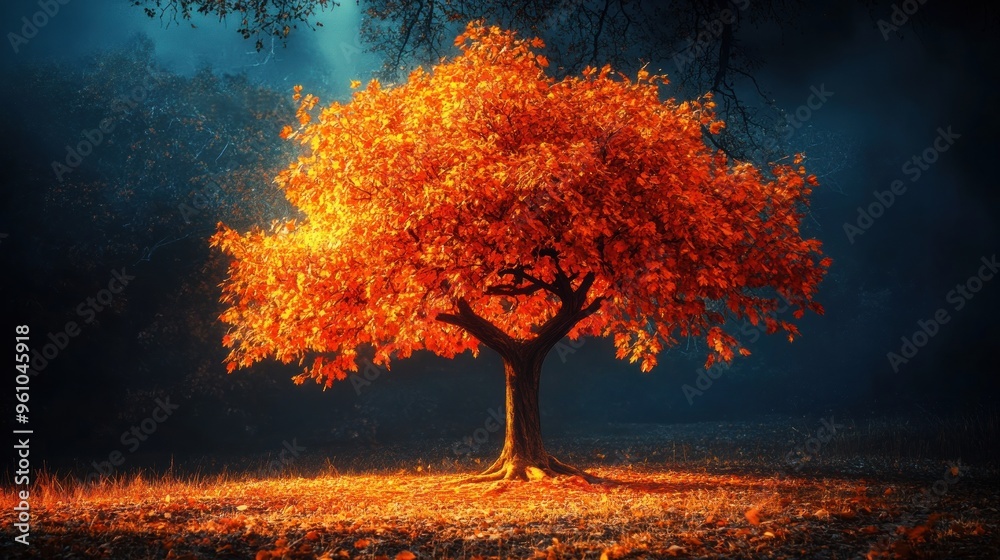 Poster Autumnal Tree Bathed in Golden Light