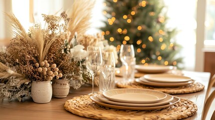 A boho Christmas tablescape with rattan placemats