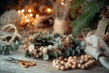 A boho Christmas wreathmaking station with dried flowers