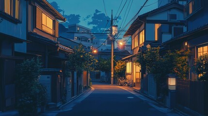 Fototapeta premium Lofi Beautiful Japanese Japan Tokyo City Town at Night - House at Street Anime Comic Artstyle Cozy Peaceful Peace Asian Wallpaper Background 