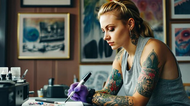 Tattoo Artist at Work on Detailed Design