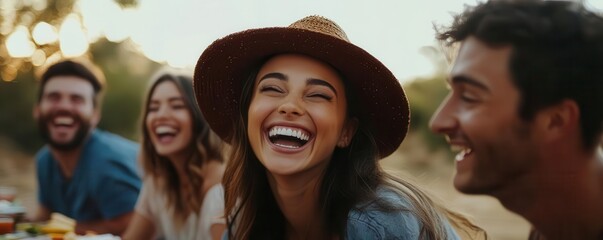 Obraz premium Laughter erupts among friends after a surprising trip, capturing the shared amusement, close-up, ethereal, manipulation, outdoor picnic backdrop