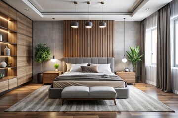 Sleek lines define this modern bedroom, where a contemporary bed frame, stylish headboard, and low-profile chest of