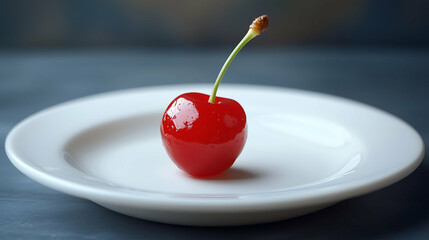 Single Maraschino Cherry on White Plate with Stem