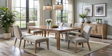 Sleek modern dining set featuring a minimalist table and six upholstered chairs in a soft gray hue, complemented