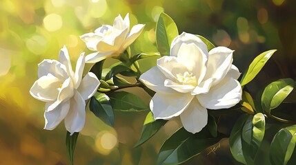 A stunning close-up of white gardenia flowers in a vibrant green setting, exuding elegance and natural beauty.