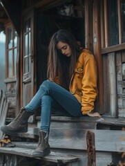 Woman Sitting on Porch of Rustic Cabin Wearing Jeans and Boots