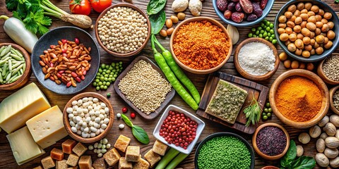 Vibrant stock photo featuring an assortment of vegan protein sources such as beans, lentils, nuts, tofu, quinoa, and vegetables