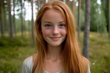 Naklejka premium Portrait of a Smiling Redhead with Freckles in a Forest