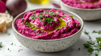 Fresh Beetroot Hummus Topped with Olive Oil and Parsley in a Ceramic Bowl