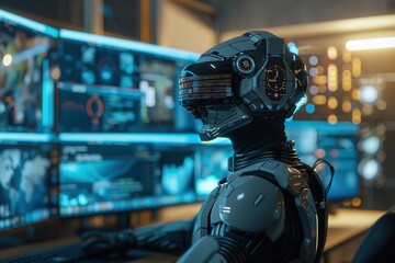 A futuristic robot seated at a high-tech workstation, analyzing data on multiple screens in a modern digital environment.