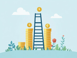 Ladder symbolizing financial growth with coins and stacks of money, representing journey to break cycle of poverty.