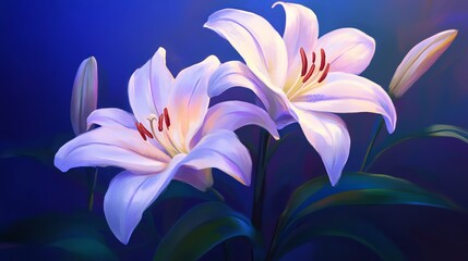A vibrant close-up of two elegant lilies with soft petals and striking details, perfect for floral-themed designs and decor.
