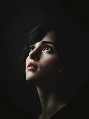 Fototapeta premium Close up Portrait of Young Woman Looking Up with Hopeful Expression