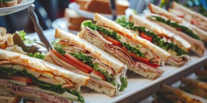 Tasty triangular club sandwiches showcased on a buffet setup, perfect for catering events, celebrations, and corporate meetings, captured in a close-up image.