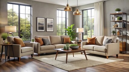 Soft pillows and plush throw blankets adorn a worn-in gray sectional sofa ($600) surrounded by affordable armchair