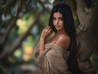Fototapeta premium Beautiful Woman with Long Black Hair in a Brown Knitted Sweater Posing in a Lush Garden