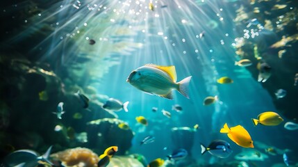 Fototapeta premium Fish swimming in the backdrop the turquoise water accompanied by a school of fish