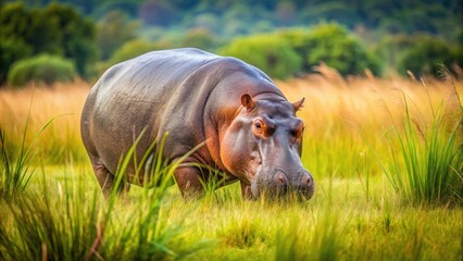 Hippopotamus grazing in tall grass , wildlife, Africa, safari, mammal, herbivore, large, river, water, animal