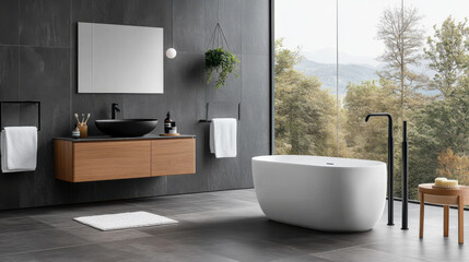 Fototapeta premium A contemporary bathroom featuring a freestanding bathtub, sleek black fixtures, wooden vanity, and a large window showcasing a natural outdoor view.