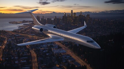 Fototapeta premium Private Jet Flying Over Cityscape at Dusk.