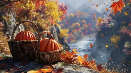 Foliage drop off a pair of autumn pumpkins in wicker baskets on the cliffside floor