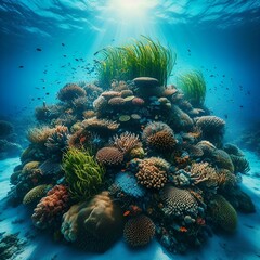 Naklejka premium A peaceful tropical underwater seagrass meadow, seagrass swaying in the current ai generative