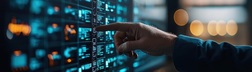 Close-up of engineers monitoring microprocessor manufacturing via digital interfaces in a control room