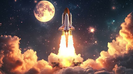 A space shuttle launching from a futuristic platform with flames and smoke billowing from the engines as it ascends towards space, surrounded by bright stars and a full moon in the sky