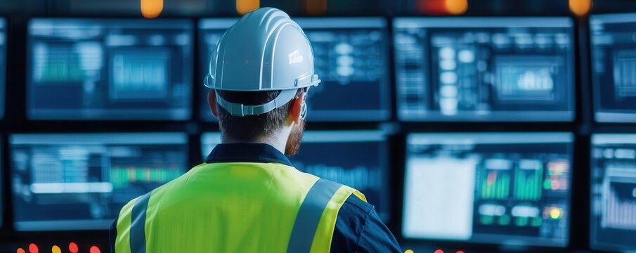 Engineers monitoring a control room dashboard displaying microprocessor production metrics